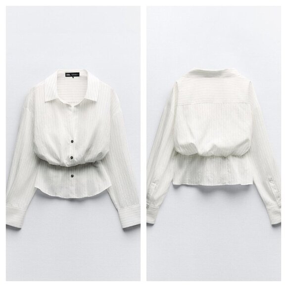 Zara Pinstripe Cinched Corset Shirt Lightweight Button Down Long Sleeve White S - Picture 9 of 9